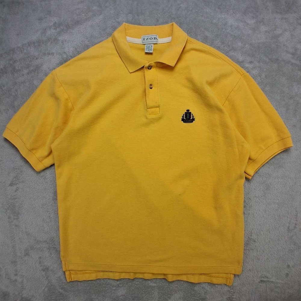 IZOD Mens Short Sleeve Polo Shirt Yellow Pique Cotton Crest Logo Size M